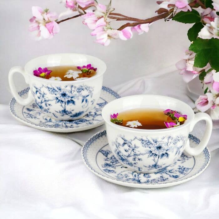 Blue Flowers Bone China Cup and Saucer Set in Gift Box