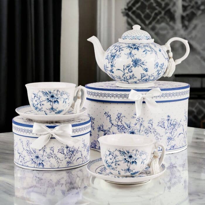 Blue Flowers Bone China Cup and Saucer Set in Gift Box