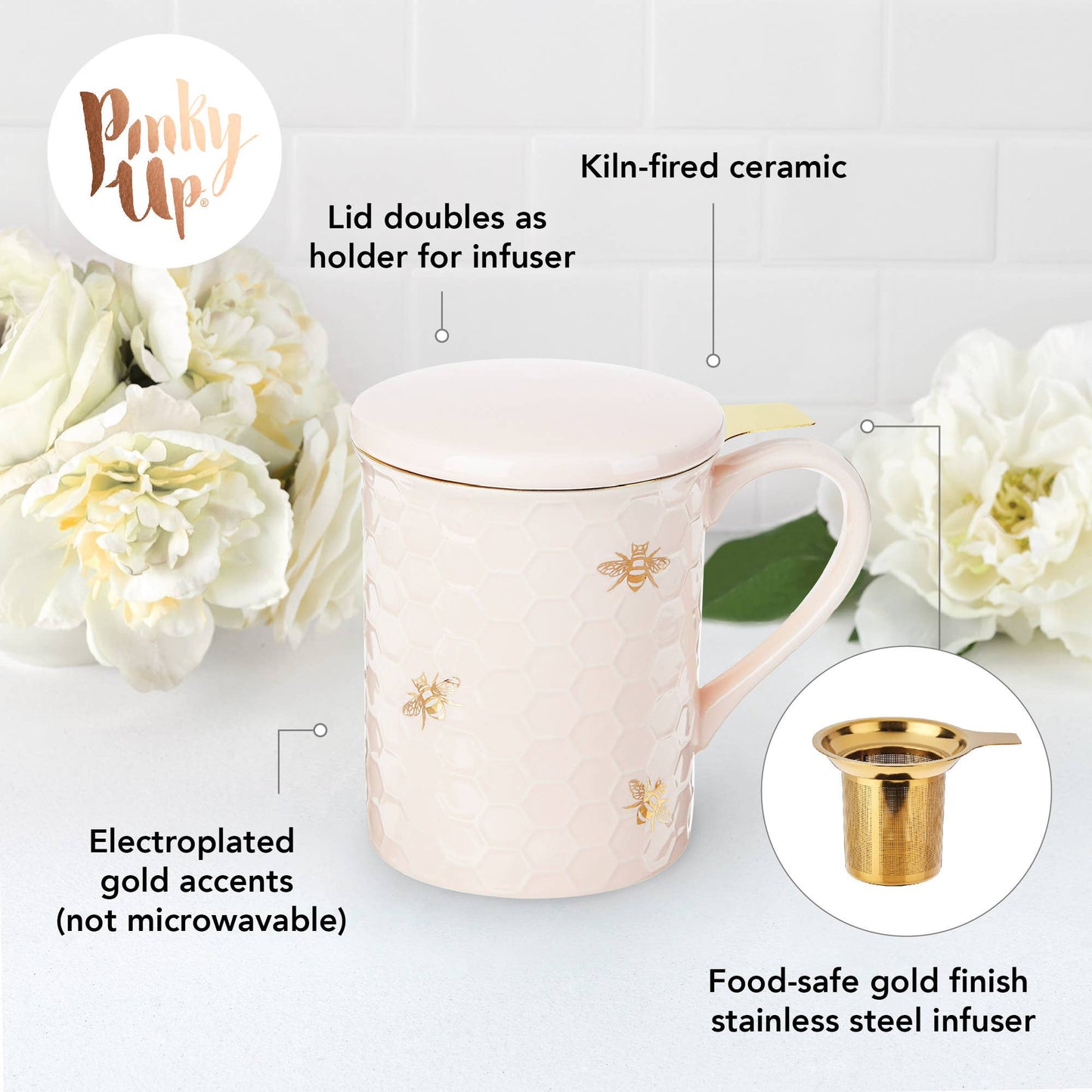 Annette™ 3D Ceramic Mug w/ Infuser - Honeycomb - "Bee Happy"