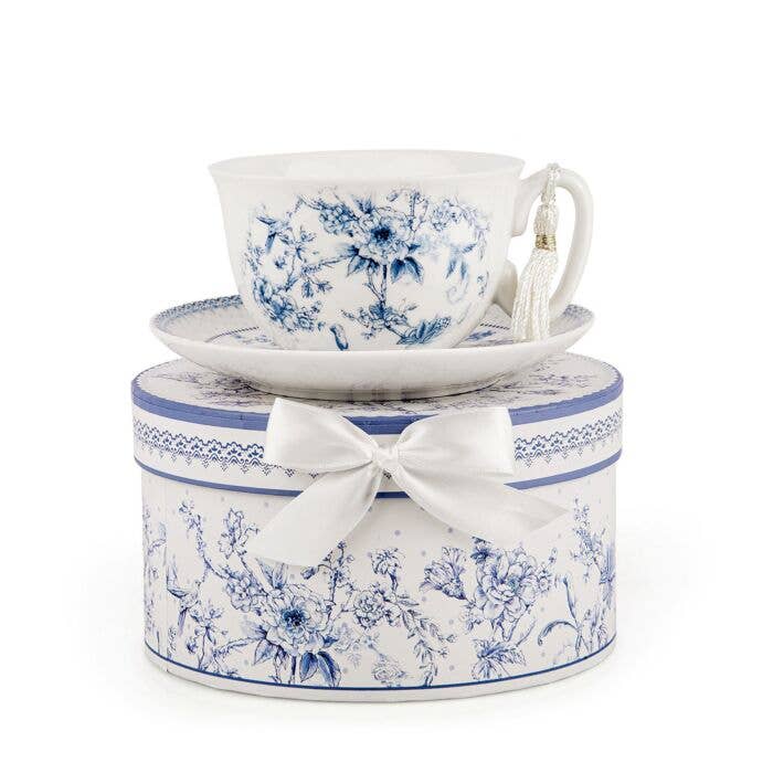 Blue Flowers Bone China Cup and Saucer Set in Gift Box