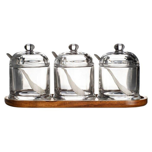 Glass Jars Set of 3 with Porcelain Spoons and Stand